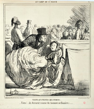 オノレ・ドーミエ（1808-1879）のアートワーク シャリヴァリは1859年の作品です。Serie AU CAMP DE SAINT MAUR ターコイズのテントを訪ねる。"ここでは、普通の人のように眠っている...。マルセイユのロンシャン宮殿にある美術博物館 作： Honoré Daumier