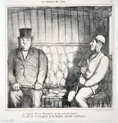 オノレ・ドーミエ（1808-1879）の作品。Charivariは1864年の作品。セリー LES CHAINS DE RAILWAY 「-この紳士の姿は私には戻ってこない。- この旅人の頭は私に自信を与えない」MUSEE DES BEAUX ARTS - PALAIS LONGCHAMP, MARSE 作： Honoré Daumier