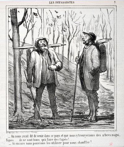 オノレ・ドーミエ（1808-1879）の作品。Charivariは1864年のもの。Serie LES LANDSAGISTS 「この国に来れば、美しい木があると言われた......薪を作るのに適しているんだ。"暖房に使えれば...」。フィンの博物館 作： Honoré Daumier