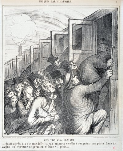 オノレ・ドーミエ（1808-1879）の作品。Charivari」は1864年の作品。Serie Sketch Les trains de plaisir 「10回の襲撃に失敗した後、ついに馬車である場所を征服することができたとき、私たちは初めての、そして非常に生き生きとした喜びを経験する」 MUSEE DES BEAUX AR 作： Honoré Daumier