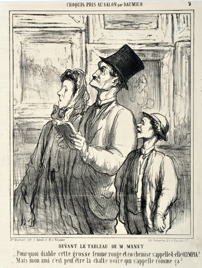 オノレ・ドーミエ（1808-1879）の作品「Charivari」は1865年に制作されました。マネの「サロンでテーブルの前に座っているクルキ・パン」のセリフ「-なぜ、この黒髪の女性がケミストリーを着て、オリンピアと呼ばれるのか？- しかし、私の友人は、黒猫がそう呼ばれているのではないか？MUS 作： Honoré Daumier