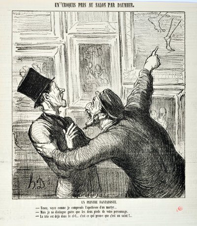 オノレ・ドーミエ（1808-1879）の作品。Charivari」は1865年の作品。サロンで描かれたスケッチの数々 気まぐれな画家。「殉教者の神格化を私がどう理解しているか見てください。"しかし、私にはあなたの両足しか見えません" "頭はすでに天にあります 作： Honoré Daumier