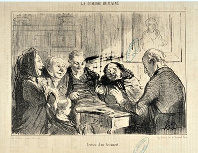 オノレ・ドーミエ（1808-1879）の作品。1853年12月20日の「Le Charivari」紙に掲載。Serie LA COMEDIE HUMAN "Lecture d