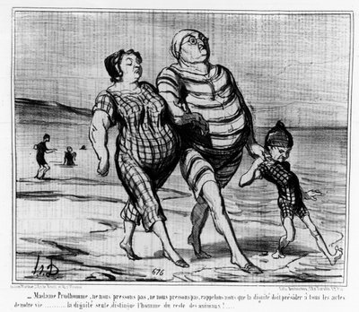 海水浴場にて。浜辺を歩くパリの家族 - ドーミエ作、「シャリヴァリ」掲載 作： Honoré Daumier