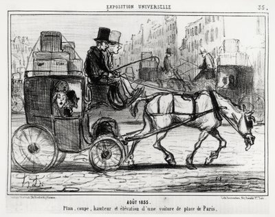 1855年8月、万国博覧会：パリの自動車の平面図、カット、高さ、立面図。オノレ・ドーミエ（1808-1879）が描いたイラストで、9月4日付のニュース「シャリヴァリ」に掲載されています。 作： Honoré Daumier