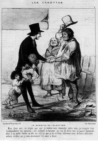 選挙の候補者が農民の家庭を訪問。"選挙のにんじん」-ドーミエの漫画、1844年3月21日の「シャリヴァリ」紙に掲載 作： Honoré Daumier