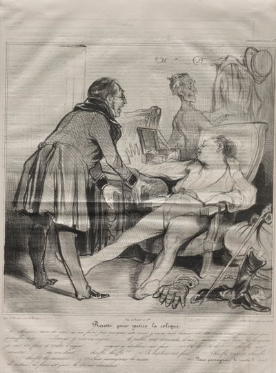 カリカチュラナ、プレート72：疝痛を治すためのレシピ、1838年1月14日。 作： Honoré Daumier