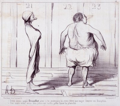 登場に関する漫画セリー「The Bathers」。ドルイエ父さんに伝えて..."Honore DAUMIER（1808-1879）の版画。新聞 "Le Charivari "からの抜粋。ボックス12 マルセイユ、Musee des Beaux-Arts, Palais Longchamps, Collection Arts Graphi 作： Honoré Daumier