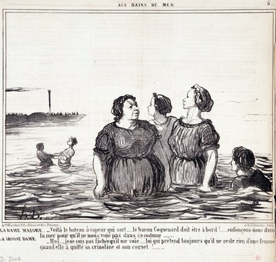 外見やファッションについての漫画。シリーズ「Les Bains de Mer」。"Honore DAUMIER (1808-1879)によるエングレーヴィング。9月16日の新聞「ル・シャリヴァリ」からの抜粋 作： Honoré Daumier
