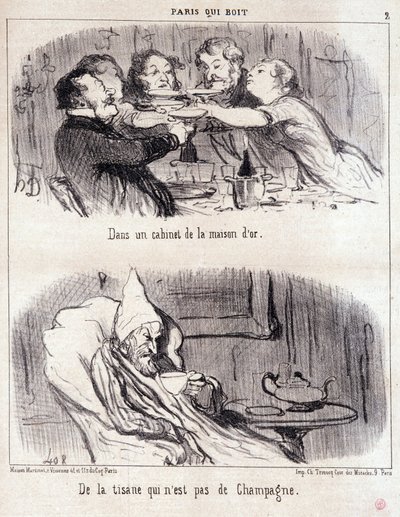美食家の虐待に関する漫画セリー「Paris qui drinks」。"ドール家のキャビネットではシャンパンではないハーブティー。"Honore DAUMIER（1808-1879）の版画。6月4日の新聞「ル・シャリヴァリ」からの抜粋 作： Honoré Daumier