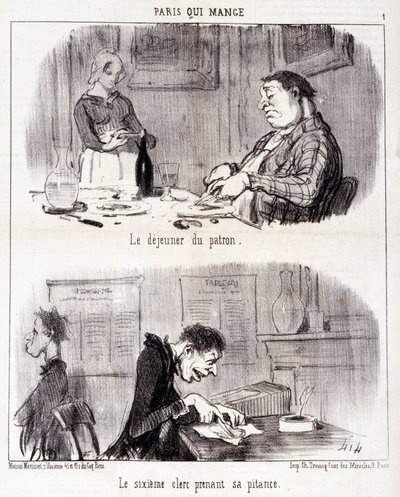 美食家の虐待についての漫画。Serie "Paris qui mange":ボスの朝食。6人目の店員がおごる。オノレ・ドーミエ（1808-1879）によるエングレーヴィング。6月26日の新聞「ル・シャリヴァリ」からの抜粋 作： Honoré Daumier