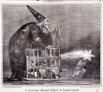 科学に関する漫画セリエスール「1857年のコメット」。"ドイツの天文学者が有名なアヒルを残す"。Honore DAUMIER（1808-1879）の版画。新聞「ル・シャリヴァリ」3月2日号より抜粋 作： Honoré Daumier
