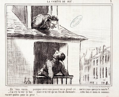 科学に関する漫画セリエスール「1857年のコメテ」。"さてお隣さん...どうしてあんなに大泣きしたのかな..."オノレ・ドーミエ（1808-1879）による版画。3月11日の新聞「ル・シャリヴァリ」からの抜粋 作： Honoré Daumier
