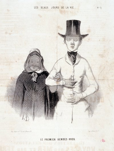 カップルについての漫画。Serie "The Beautiful Days of Life":"The first date".オノレ・ドーミエ（1808-1879）によるエングレーヴィング。新聞「ル・シャリヴァリ」1月2～3日号より抜粋 作： Honoré Daumier