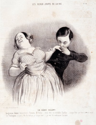夫婦を描いた漫画シリーズ "The Beautiful Days of Life"。"颯爽とした始まり...オノレ・ドーミエ（1808-1879）による版画。7月10日の新聞「ル・シャリヴァリ」からの抜粋 作： Honoré Daumier