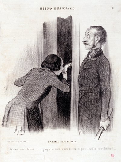 夫婦を描いた漫画シリーズ "The Beautiful Days of Life"。"幸せすぎる恋人..."オノレ・ドーミエ（1808-1879）による版画。9月1日の新聞「ル・シャリヴァリ」からの抜粋 作： Honoré Daumier