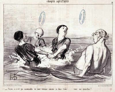 海辺で過ごす観光客を描いた漫画。シリーズ "Les Bains de Mer"。「水辺のスケッチ。水の中でこんな風にあなたをかき回すのは合理的ではありません...あなたは私を濡らしました！"Honore DAUMIER (1808-1879)のエングレーヴィング。新聞 "Le Chariv "からの抜粋 作： Honoré Daumier