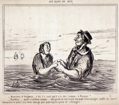 休暇中の観光客に関する漫画。セリー「aux Bains de Mer」。"Monsieur le bathneur...ディエップにサメがいるというのは本当ですか？"Honore DAUMIER（1808-1879）の版画。6月8日の新聞「Le Charivari」からの抜粋 作： Honoré Daumier
