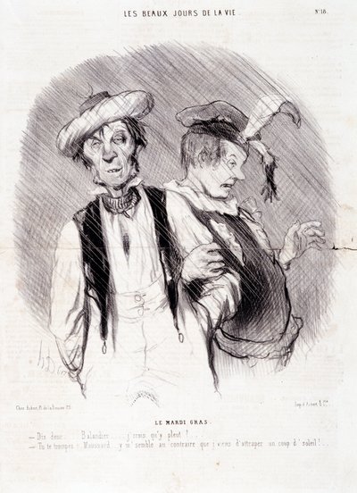 二人のアルコール依存症患者を描いた漫画。セリー「Les Beaux Days de la Vie」。"マルディグラ...」。Honore DAUMIER（1808-1879）による版画。8月9日の新聞「ル・シャリヴァリ」からの抜粋 作： Honoré Daumier