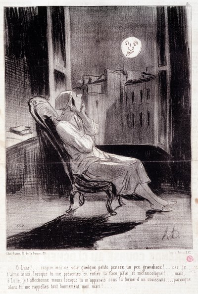 女性作家についての漫画。シリーズ「Bas Bleus」。"O！月は今夜、私を鼓舞する..."Honore DAUMIER（1808-1879）の版画。新聞「ル・シャリヴァリ」2月28日号より抜粋 作： Honoré Daumier