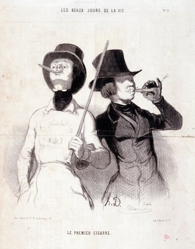 若いダンディたちを描いた漫画シリーズ "The Beautiful Days of Life"。「最初の葉巻」。Honore DAUMIER (1808-1879)によるエングレーヴィング。1843年12月31日の新聞 "Le Charivari "からの抜粋 Dim 37x25cm Inv 1089 - box 8 N¡2.マルセイユ、Musee des Beaux 作： Honoré Daumier