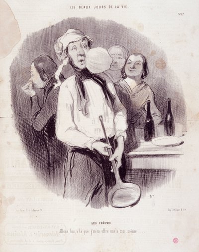 不器用な男の漫画。セリー「Les Beaux Days de la Vie」。"Les crepes...「オノレ・ドーミエ（1808-1879）の版画。新聞「ル・シャリヴァリ」11月14日号より抜粋 作： Honoré Daumier