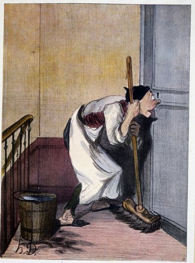 鍵穴を覗くコンシェルジュ（ドーミエ作、19世紀）。 作： Honoré Daumier