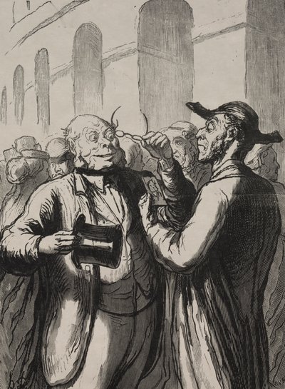 普遍的な展示：回転式改札口での写真の検査.... 作： Honoré Daumier