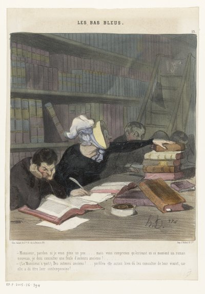 公共図書館の読書台の後ろにいる人影 Les Bas Bleus (オブジェクトのシリーズ タイトル) 作： Honoré Daumier