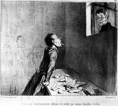 独房が必ずしも優れた結果を生むとは限らないことを、オノレ・ドーミエ（1808-1879）の教授とムタードについての一連の漫画で説明しています。"Charivari" 作： Honoré Daumier