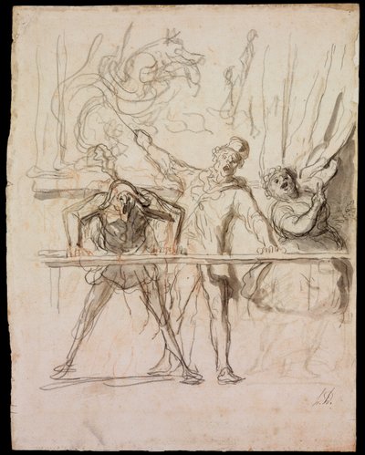 La Parade - The Side-Show - Daumier, Honore (1808-1879) - 1865 - 黒チョーク、紙に水彩 - 39,8x30,4 - Szepmuveszeti Muzeum、ブダペスト 作： Honoré Daumier