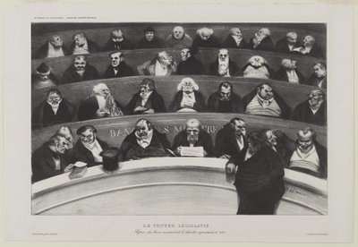 Le Ventre Législatif:Aspect des bancs ministériels de la chambre improstituée de 1834、つまり「立法の腹の中」。1834年の売春婦会議所の大臣席の眺め 作： Honoré Daumier