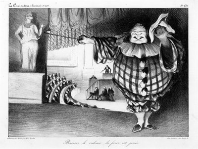 カーテンを下げると、ファースが終了します（カーテンを下げると、ファースが演奏されます）プレート421 作： Honoré Daumier