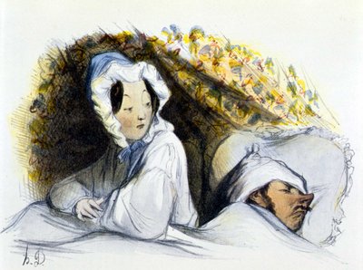 ベッドの中の男と女：「Naughty sleeper!Go...", "History of Erotic Art" by Edouard Fuchs, Berlin 作： Honoré Daumier