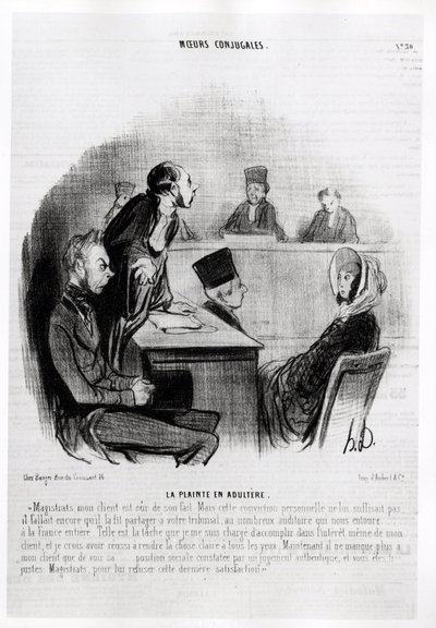 結婚のこと不倫の訴え。オノレ・ドーミエ（1808-1879）のイラスト（1840年11月20日付「シャリヴァリ」のニュースに掲載）。 作： Honoré Daumier
