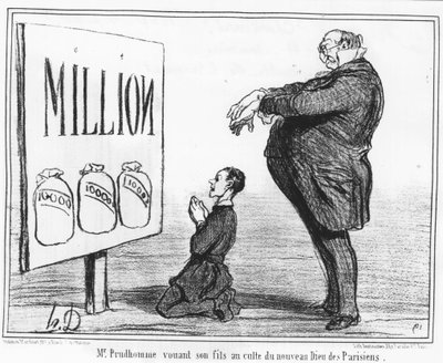 パリジャンの新しい神の崇拝に息子を捧げるMonsieur Prudhomme: Honore Daumier (1808-1879)の銀の崇拝をテーマにした一連の漫画「News」からの引用。シャリヴァリ 作： Honoré Daumier