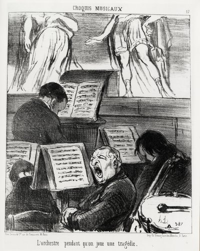 音楽スケッチ：悲劇を演奏している時のオーケストラ。オノレ・ドーミエ（1808-1879）が描いたイラストで、1852年4月5日付の「シャリヴァリ」に掲載されています。 作： Honoré Daumier