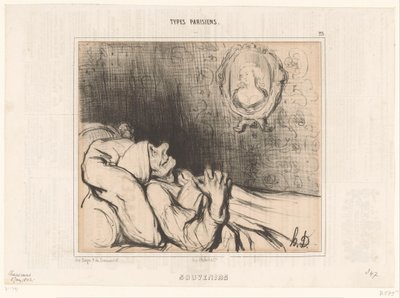 ベッドで老人が若い女性の肖像画を見つめる お土産（オブジェクトのタイトル） パリジャンタイプ（シリーズタイトル） 種類 Parisiens (オブジェクトのシリーズ タイトル) 作： Honoré Daumier
