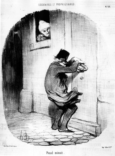 オノレ・ドーミエ(1808-1879)の漫画シリーズ「借家人と所有者」より、「真夜中を過ぎて。"Charivari" 作： Honoré Daumier