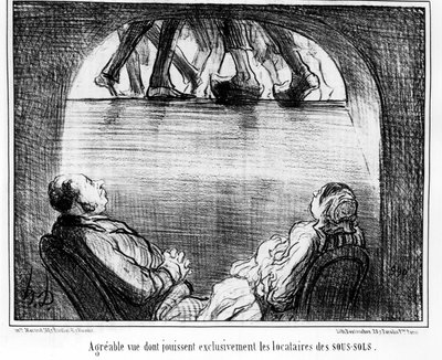 オノレ・ドーミエ（1808-1879）の一連の漫画「所有者と入居者」から、地下室の入居者だけが楽しむことができる楽しい景色。「シャリヴァリ 作： Honoré Daumier