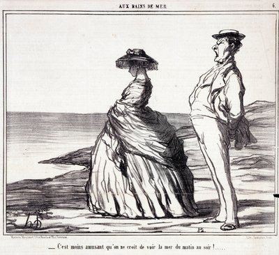 セリー「Les Bains de Mer」。"朝から晩まで海を見ているのは、思ったよりも楽しくない!「休暇中の観光客を描いた漫画。オノレ・ドーミエ（1808-1879）によるエングレーヴィング。新聞「ル・シャリヴァリ」9月9日号より抜粋 作： Honoré Daumier
