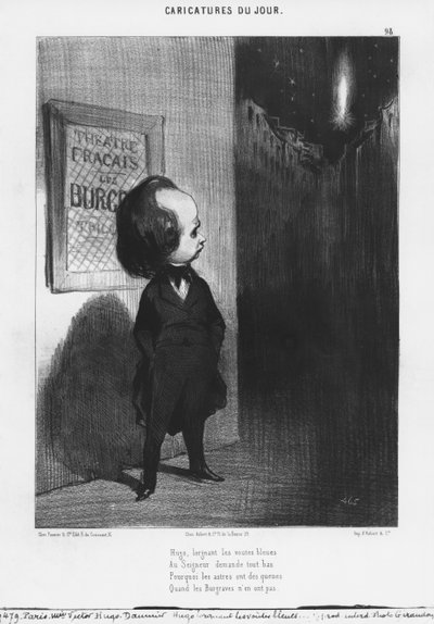 1843年3月31日のシリーズ「Caricatures du jour」、ビクターユーゴーと彼の戯曲「Les Burgraves」の似顔絵、98版、「Le Charivari」のイラスト 作： Honoré Daumier