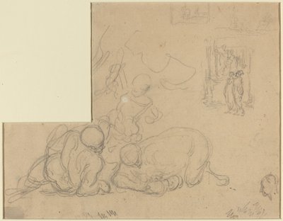地面に 2 人の大男がいる研究シート 作： Honoré Daumier