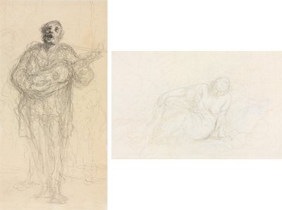 歌うギタリスト (レクト); 彼女の腕に寄りかかって横になっている女性 (裏面) 作： Honoré Daumier