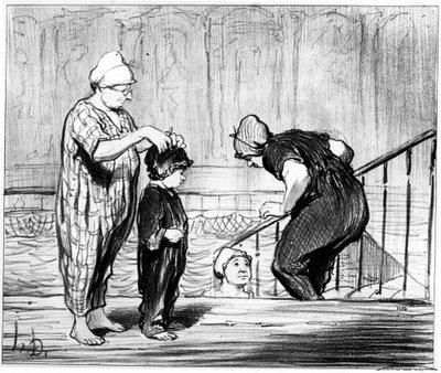 スイミングプール：オノレ・ドーミエ（1808-1879）による水泳や四苦八苦する風呂に関する漫画シリーズ「夏のスケッチ」のイラスト。"1850年頃の「シャリヴァリ」誌。 作： Honoré Daumier