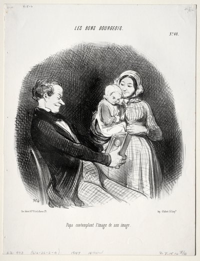 良いブルジョワ、版40：パパは彼の似ている肖像、1847を考えています。 作： Honoré Daumier