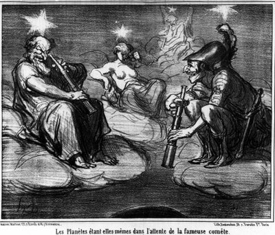 有名な彗星を待っている惑星たち。オノレ・ドーミエ（1808-1879）の風刺画「天文学」より。"Charivari" 作： Honoré Daumier