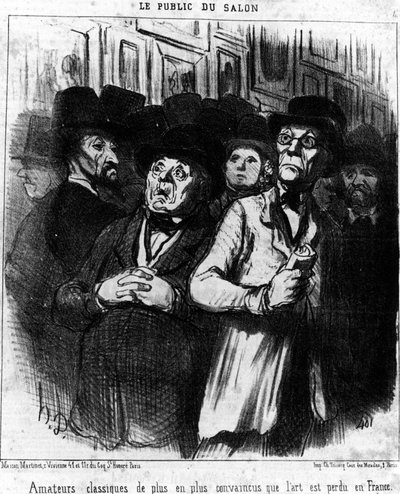 このショーの観客。オノレ・ドーミエ（1808-1879）の漫画シリーズ「絵画とサロン」から引用した、フランスでは芸術が失われていると確信するようになった古典的なアマチュアたち。"Charivari" 作： Honoré Daumier