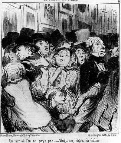 ショーの観客がある日、あなたはお金を払わない。暑さ25度、オノレ・ドーミエ（1808-1879）の漫画シリーズ「絵画とサロン」から引用。"Charivari" 作： Honoré Daumier
