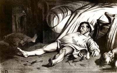 1834年4月14日のトランスノナン通りの虐殺：軍は、将校の一人の死後、パリのトランスノナン通り12番地の建物に再収容された住民を虐殺した - リトグラフ：オノレ・ドーミエ（1808-1879）1837年作。個人蔵 作： Honoré Daumier